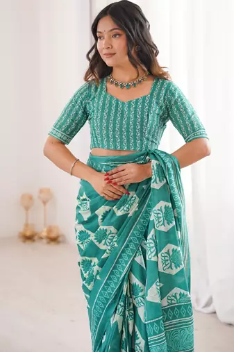 Teal green blocked printed, floral print, geometric print soft pure cotton saree with blouse.