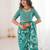 Teal green blocked printed, floral print, geometric print soft pure cotton saree with blouse.