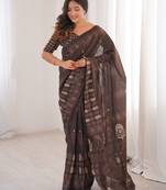 Brown blocked printed, floral print soft pure cotton saree with blouse.