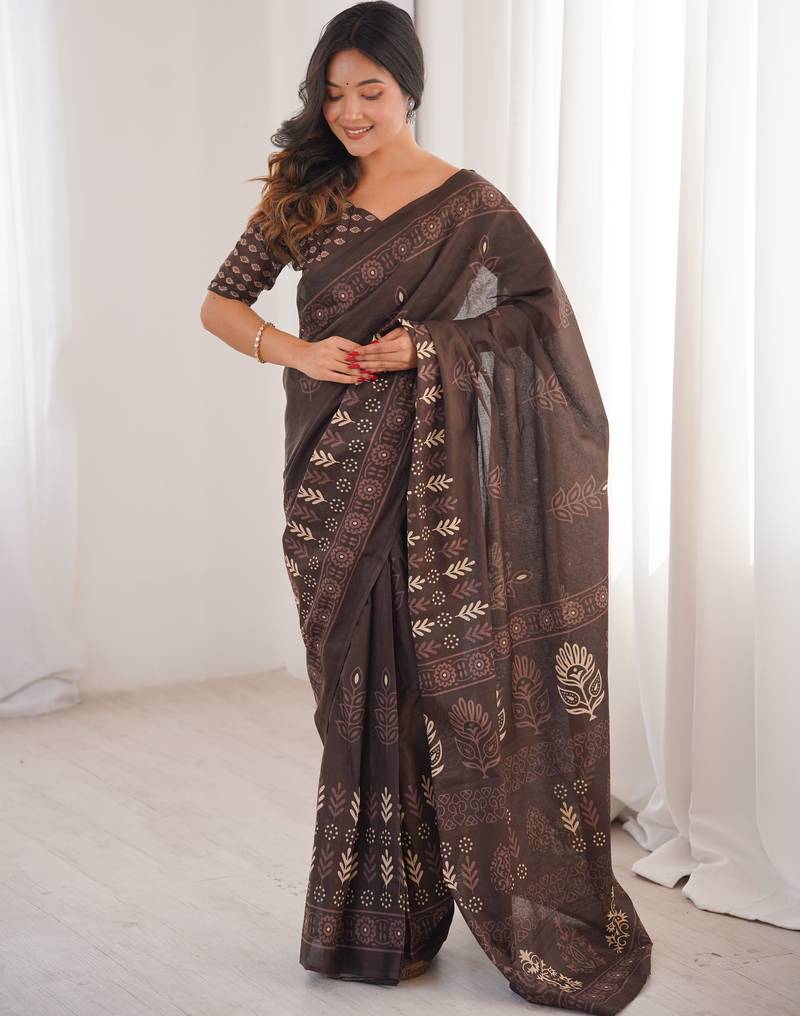 Brown blocked printed, floral print soft pure cotton saree with blouse.