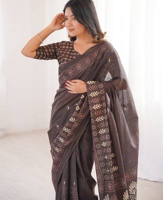 Brown blocked printed, floral print soft pure cotton saree with blouse. 2