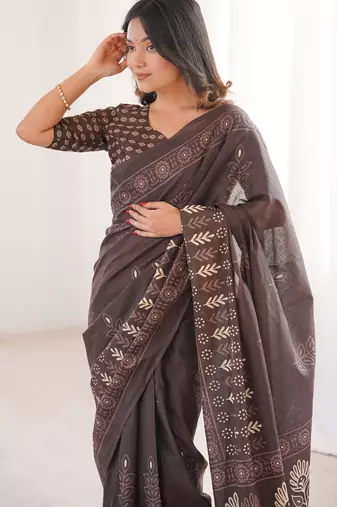 Brown blocked printed, floral print soft pure cotton saree with blouse.