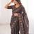 Brown blocked printed, floral print soft pure cotton saree with blouse.