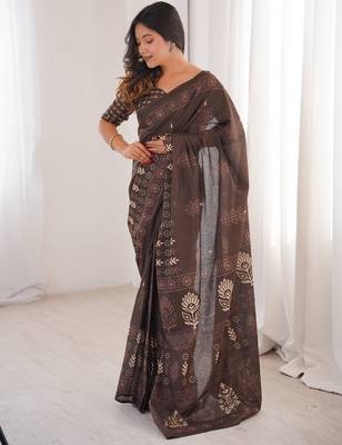 Brown blocked printed, floral print soft pure cotton saree with blouse. 3