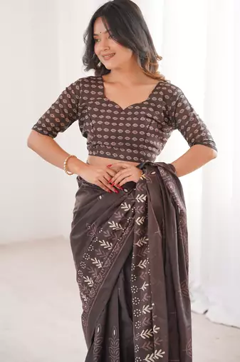 Brown blocked printed, floral print soft pure cotton saree with blouse.