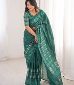 Green blocked printed, floral print soft pure cotton saree with blouse.