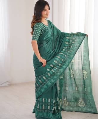Green blocked printed, floral print soft pure cotton saree with blouse. 3