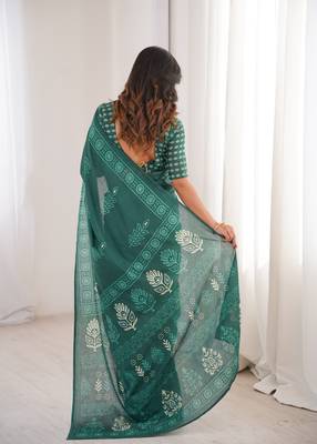 Green blocked printed, floral print soft pure cotton saree with blouse. 4