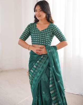 Green blocked printed, floral print soft pure cotton saree with blouse. 5