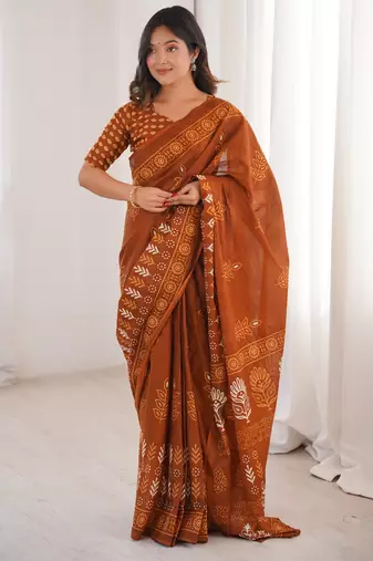 Mustard blocked printed, floral print soft pure cotton saree with blouse.