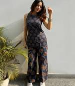 Women's navy blue ajarakh printed rayon co-ord set with wide leg pants for casual indo-western wear