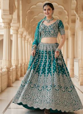 DESIGNER TURQUAESE NET FABRIC WEDDING BRIDAL LEHENGA CHOLI SEMI STITCHED 1