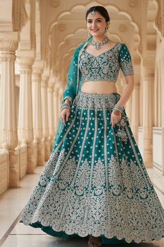 DESIGNER TURQUAESE NET FABRIC WEDDING BRIDAL LEHENGA CHOLI SEMI STITCHED