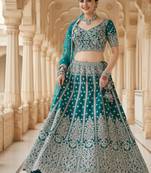 DESIGNER TURQUAESE NET FABRIC WEDDING BRIDAL LEHENGA CHOLI SEMI STITCHED