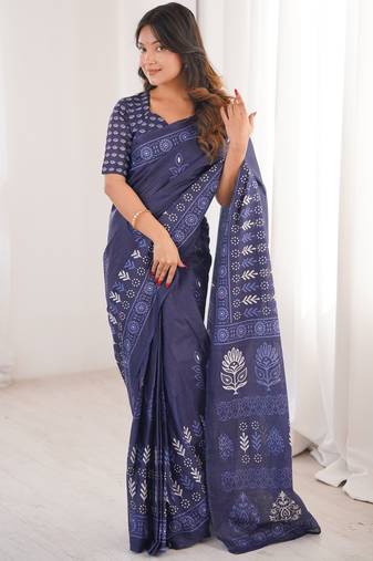 Navy blue blocked printed, floral print soft pure cotton saree with blouse.