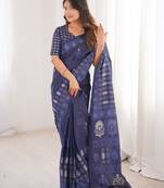 Navy blue blocked printed, floral print soft pure cotton saree with blouse.