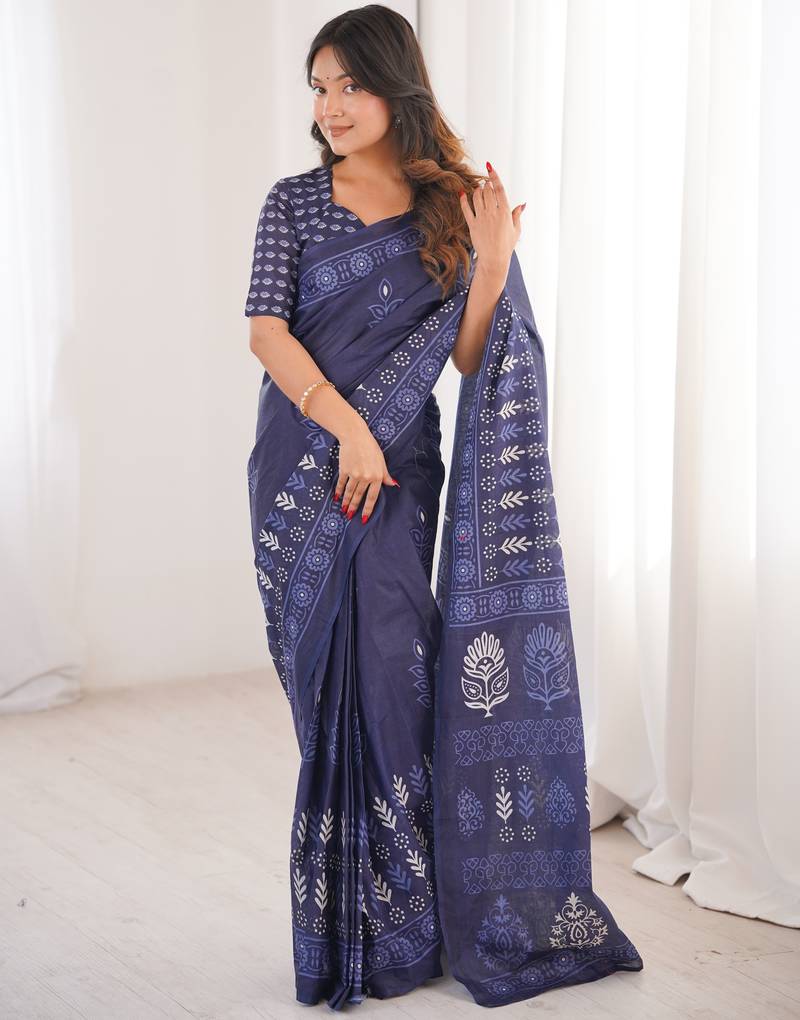 Navy blue blocked printed, floral print soft pure cotton saree with blouse.