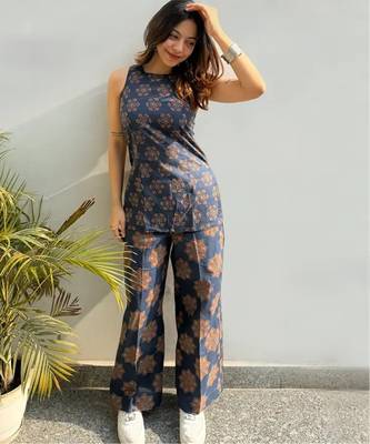 Women's navy blue ajarakh printed rayon co-ord set with wide leg pants for casual indo-western wear 2