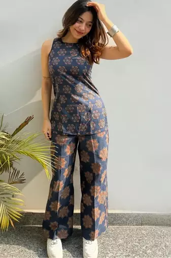 Women's navy blue ajarakh printed rayon co-ord set with wide leg pants for casual indo-western wear