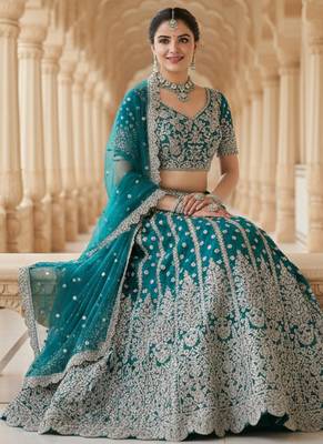 DESIGNER TURQUAESE NET FABRIC WEDDING BRIDAL LEHENGA CHOLI SEMI STITCHED 2
