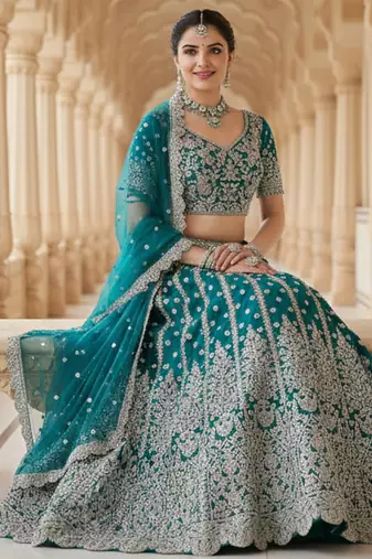 DESIGNER TURQUAESE NET FABRIC WEDDING BRIDAL LEHENGA CHOLI SEMI STITCHED