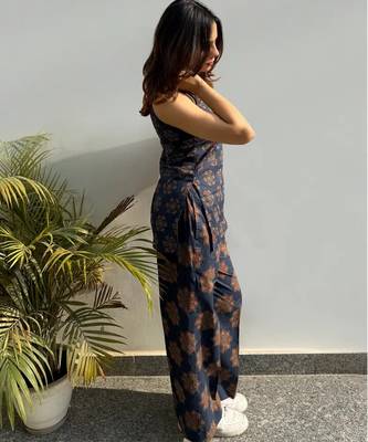 Women's navy blue ajarakh printed rayon co-ord set with wide leg pants for casual indo-western wear 3