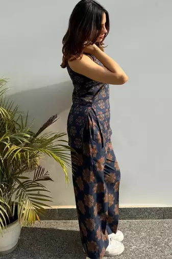 Women's navy blue ajarakh printed rayon co-ord set with wide leg pants for casual indo-western wear