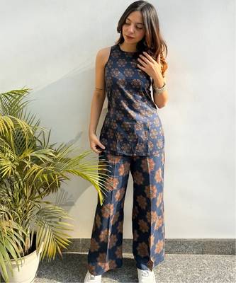 Women's navy blue ajarakh printed rayon co-ord set with wide leg pants for casual indo-western wear 4