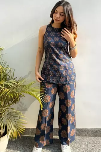 Women's navy blue ajarakh printed rayon co-ord set with wide leg pants for casual indo-western wear