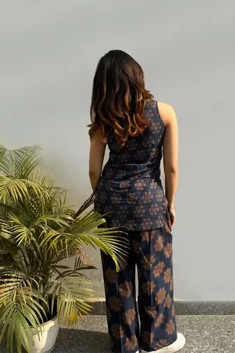 Women's navy blue ajarakh printed rayon co-ord set with wide leg pants for casual indo-western wear