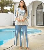 Women's off white blue embroidered rayon co-ord set with flared palazzo pants for indo-western wear