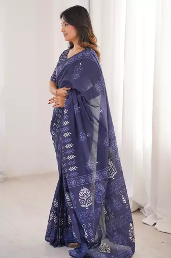 Navy blue blocked printed, floral print soft pure cotton saree with blouse.