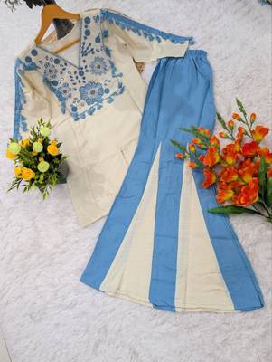 Women's off white blue embroidered rayon co-ord set with flared palazzo pants for indo-western wear 2