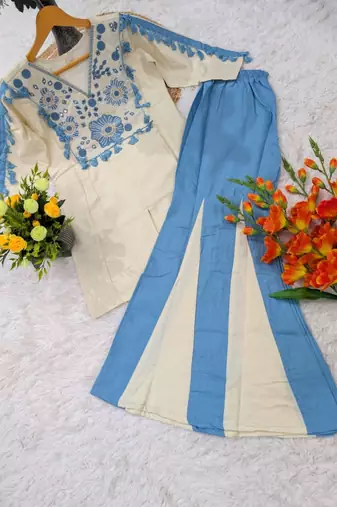 Women's off white blue embroidered rayon co-ord set with flared palazzo pants for indo-western wear