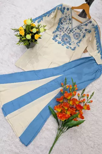 Women's off white blue embroidered rayon co-ord set with flared palazzo pants for indo-western wear