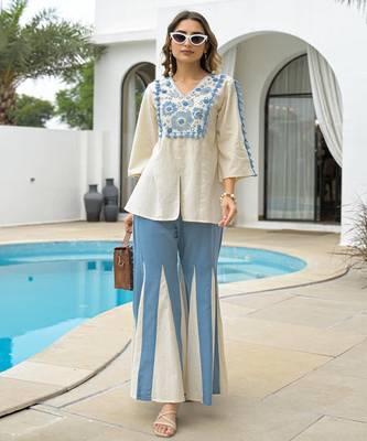 Women's off white blue embroidered rayon co-ord set with flared palazzo pants for indo-western wear 3