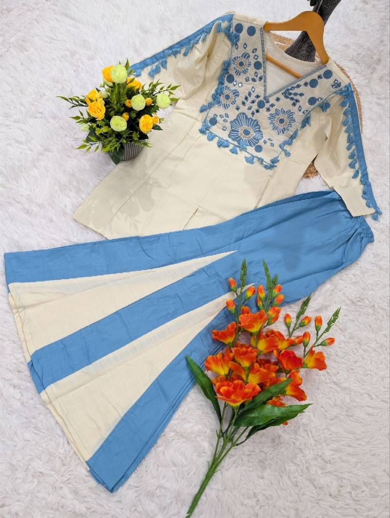 Women's off white blue embroidered rayon co-ord set with flared palazzo pants for indo-western wear
