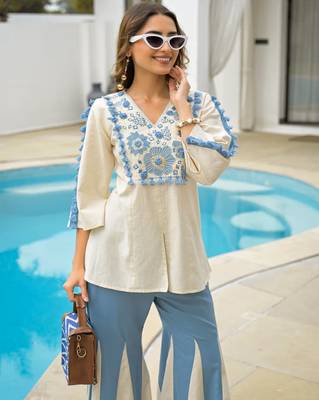 Women's off white blue embroidered rayon co-ord set with flared palazzo pants for indo-western wear 4