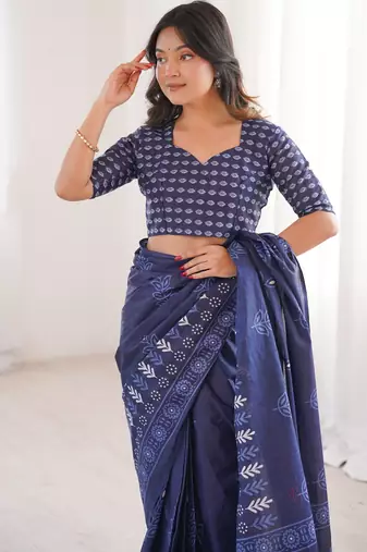 Navy blue blocked printed, floral print soft pure cotton saree with blouse.
