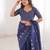 Navy blue blocked printed, floral print soft pure cotton saree with blouse.