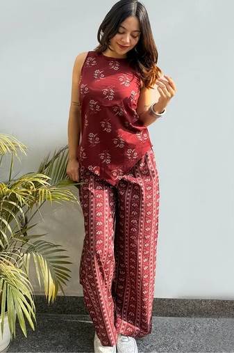 Women's maroon printed rayon co-ord set with relaxed fit pants for casual indo-western wear