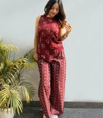 Women's maroon printed rayon co-ord set with relaxed fit pants for casual indo-western wear