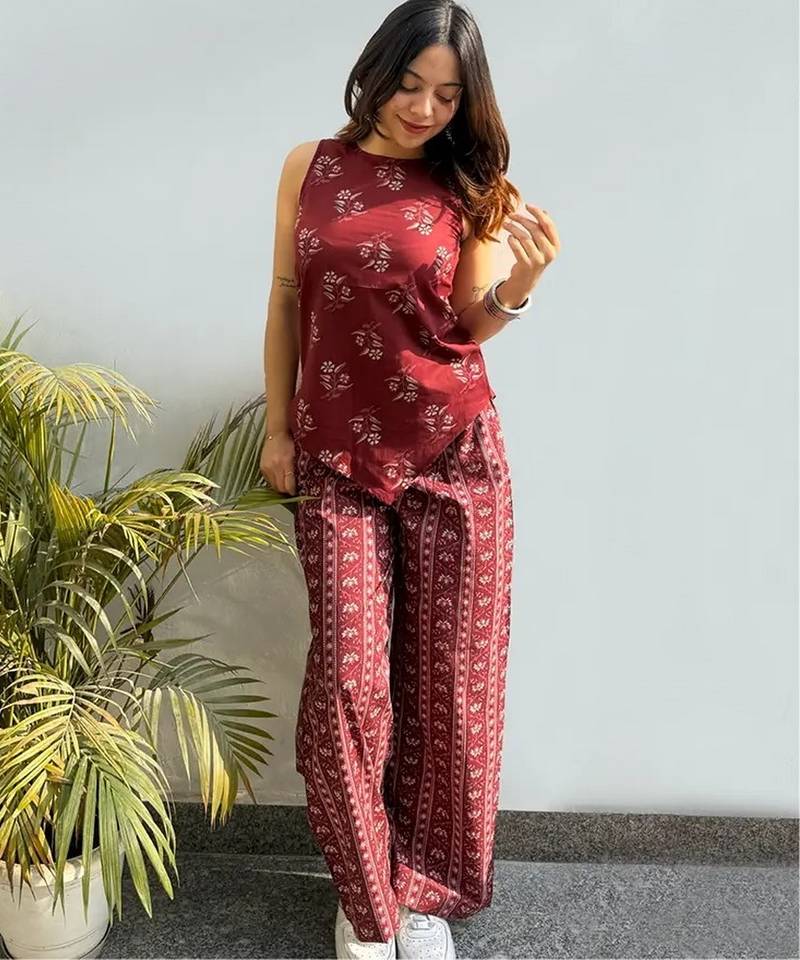 Women's maroon printed rayon co-ord set with relaxed fit pants for casual indo-western wear