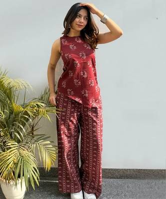 Women's maroon printed rayon co-ord set with relaxed fit pants for casual indo-western wear 2