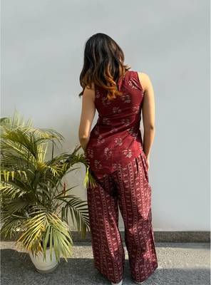 Women's maroon printed rayon co-ord set with relaxed fit pants for casual indo-western wear 3