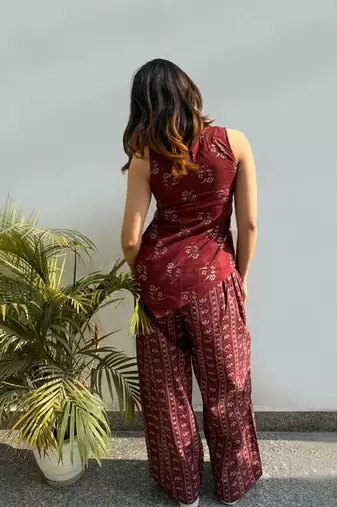 Women's maroon printed rayon co-ord set with relaxed fit pants for casual indo-western wear