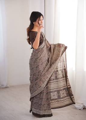 Brown blocked printed, paisley soft pure cotton saree with blouse. 1
