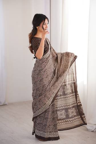Brown blocked printed, paisley soft pure cotton saree with blouse.