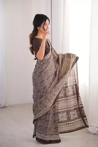 Brown blocked printed, paisley soft pure cotton saree with blouse.