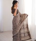 Brown blocked printed, paisley soft pure cotton saree with blouse.